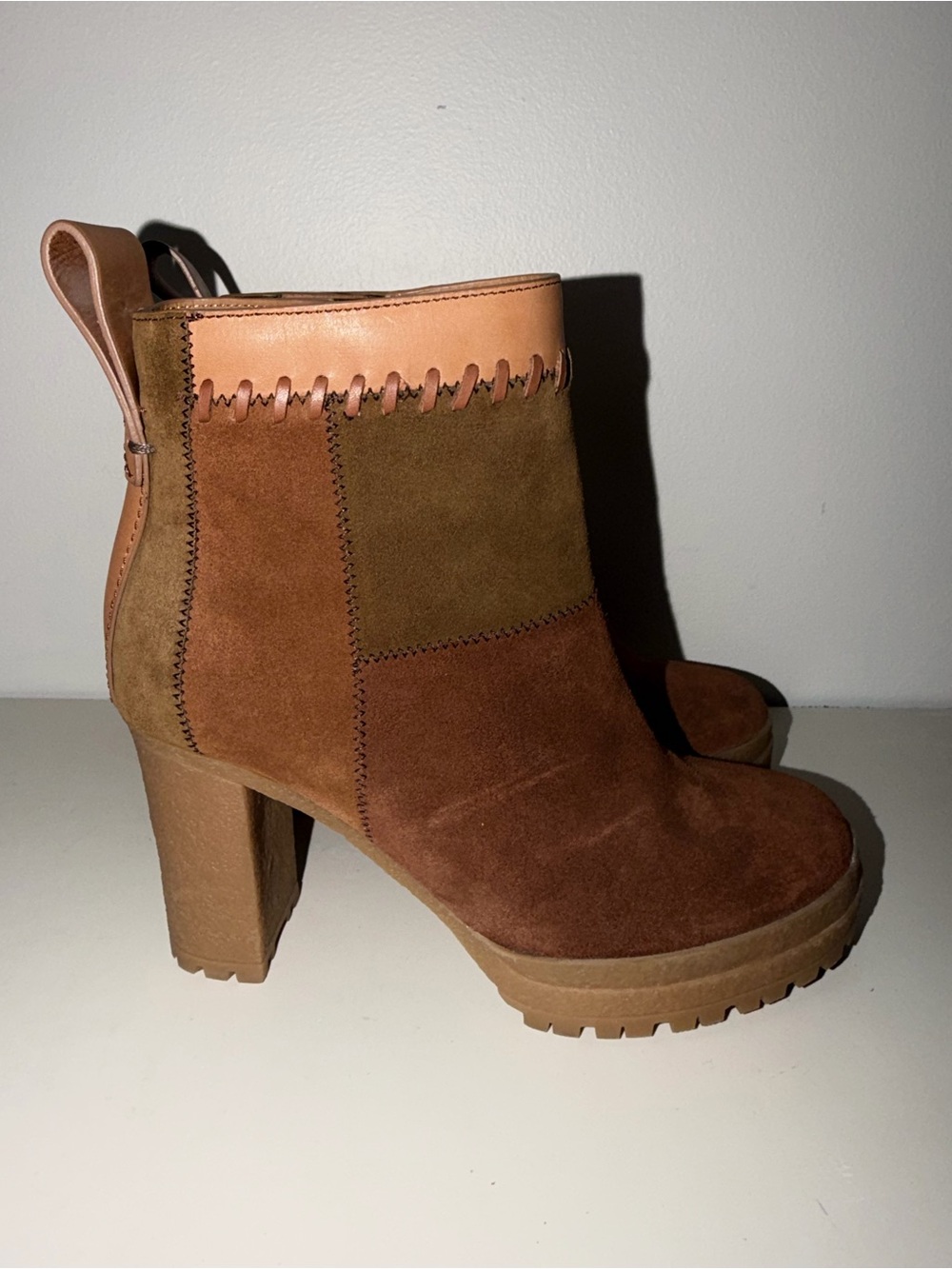 See by Chloé Polina Brown Suede Leather Patchwork Platform Ankle Boots
